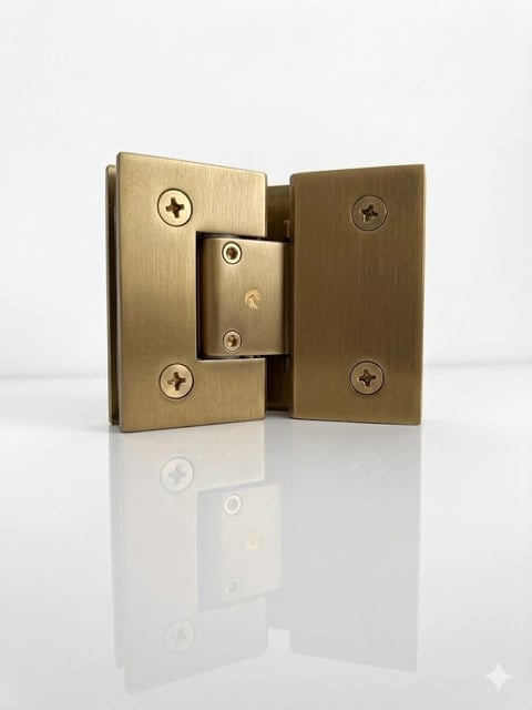 Brass glass door hinge hardware shown in open position against white background