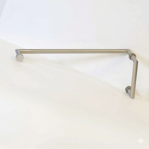 Stainless steel L-shaped towel bar mounted on white wall with circular end caps