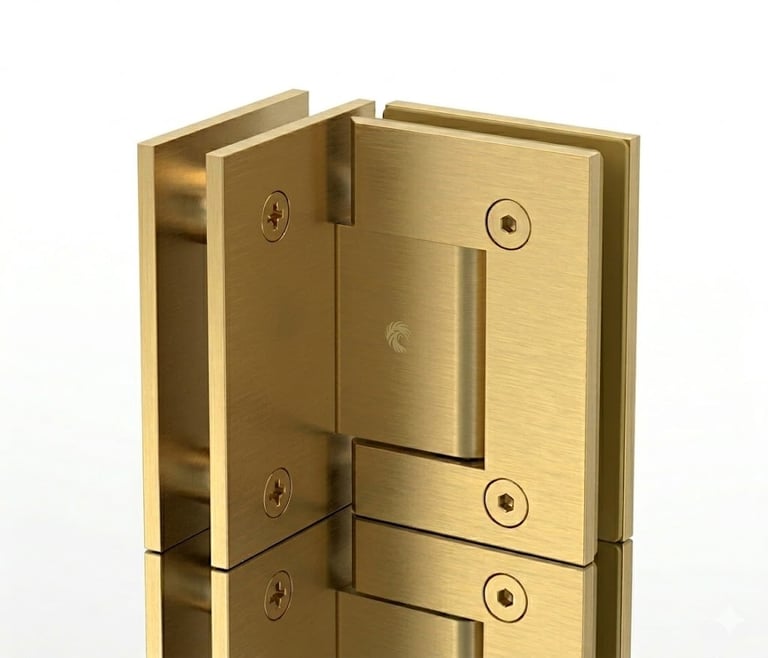 Brass glass door hinge with mounting holes and adjustable opening mechanism on white background