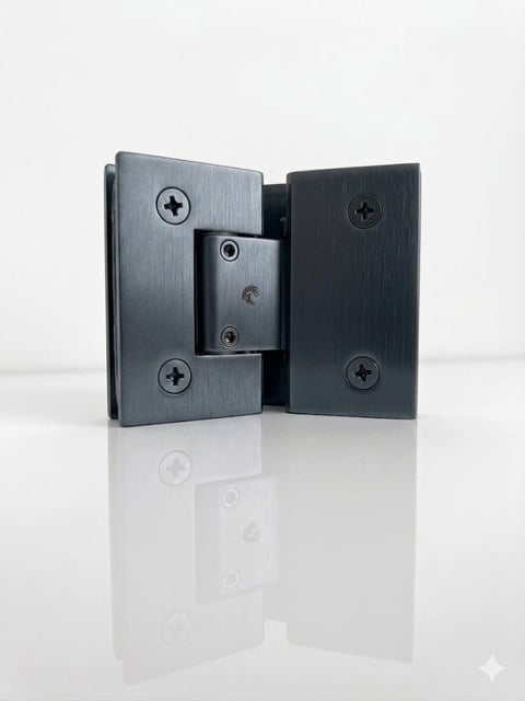 Two-way glass door hinge in brushed nickel finish, shown open at 90 degrees against white background