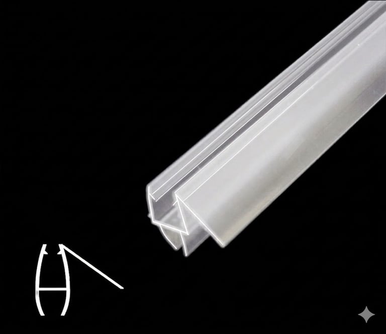 Clear plastic U-shaped channel trim with cross-section diagram showing internal profile against black background