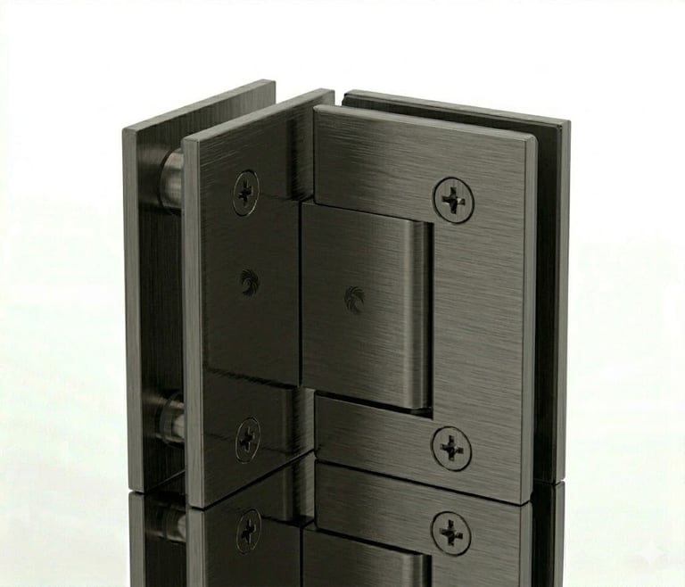 Brushed stainless steel glass shower door hinge with mounting screws on white background
