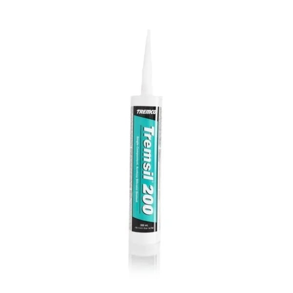 Tube of Tremco Tremsil 200 turquoise silicone caulk with white applicator nozzle