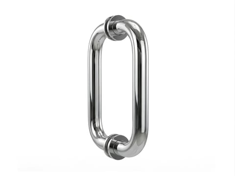 Chrome cylindrical door pull handle with decorative end caps on white background