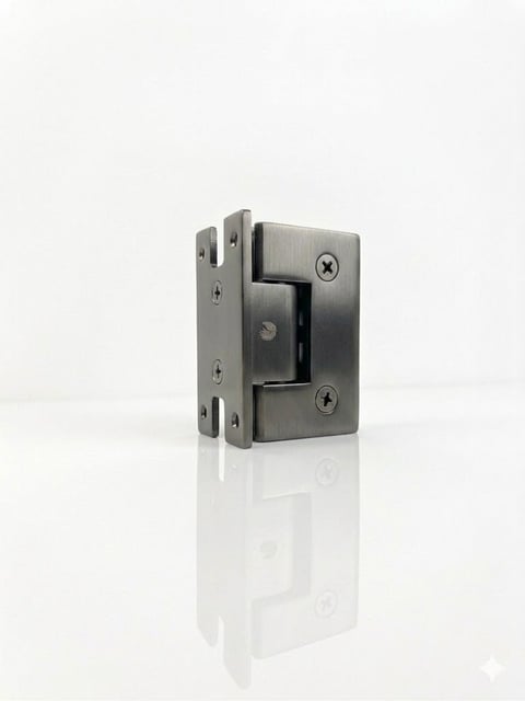 Brushed metal glass door hinge with screw holes on white background