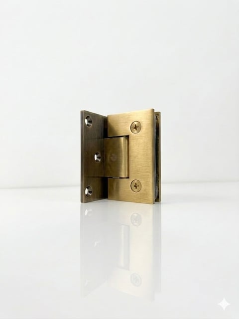 Brass-colored glass door hinge with two mounting plates and adjustment screws on white background