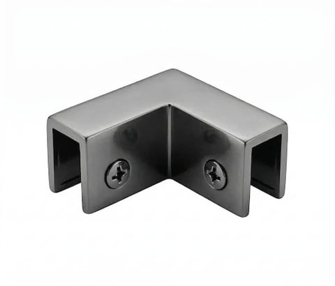 Stainless steel corner bracket with two mounting slots and Phillips head screws on the inside angle