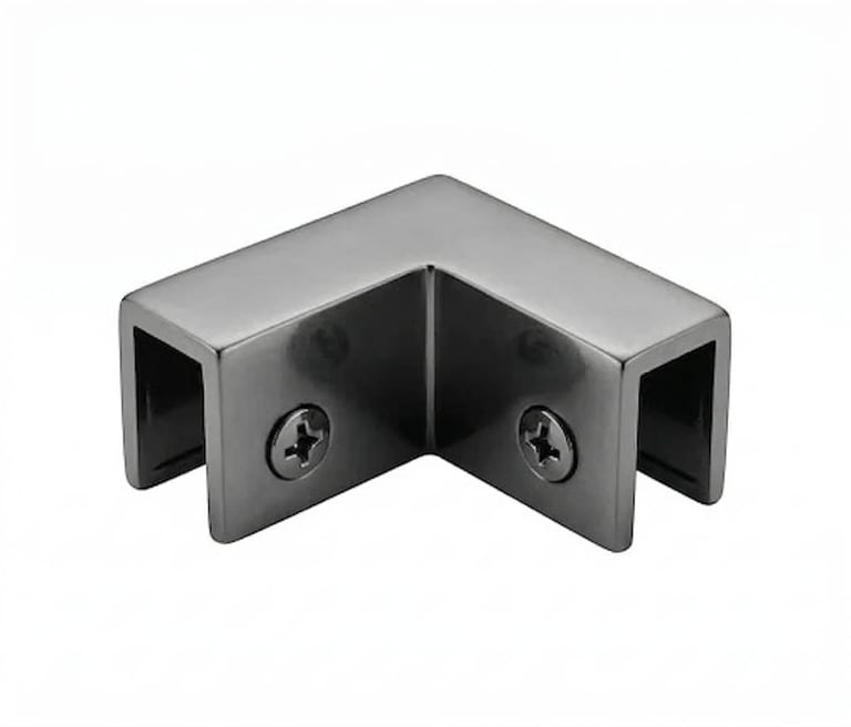 Stainless steel corner bracket with two mounting slots and Phillips head screws on the inside angle