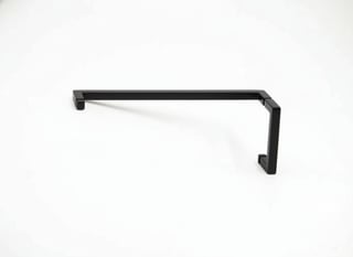 Black metal corner brace or L-bracket with mounting holes on white background