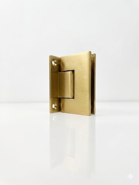 Gold-tone brass glass door hinge with mounting plate on white background