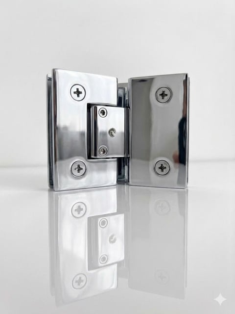 Glass shower door hinge in polished chrome with mounting plates and screws displayed on white background