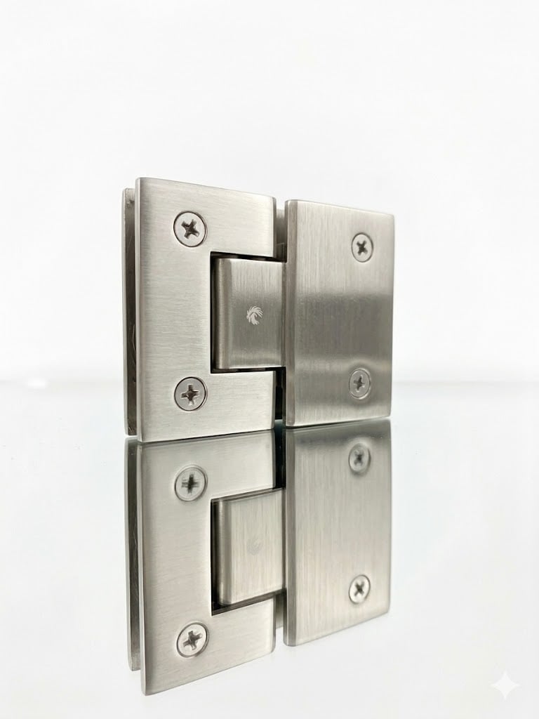 Stainless steel glass door hinges with adjustable pivot mechanism and screw fasteners