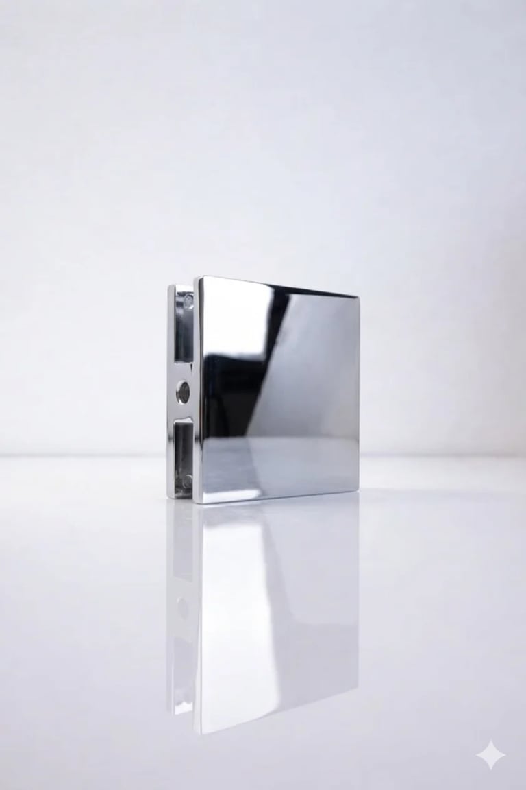 Polished metal cube-shaped object with reflective chrome surfaces and a dark interior, displayed on a white background