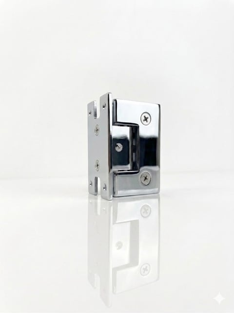 Chrome glass door hinge hardware with mounting screws on white background