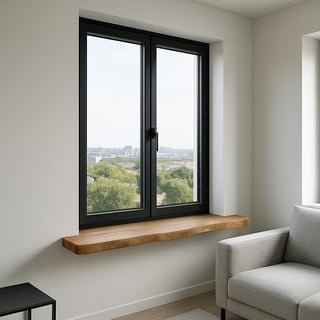 Black framed double doors with panoramic view of green landscape, wooden windowsill, light interior room with beige chair
