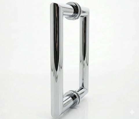 Chrome rectangular door pull handle with mounting hardware on white background