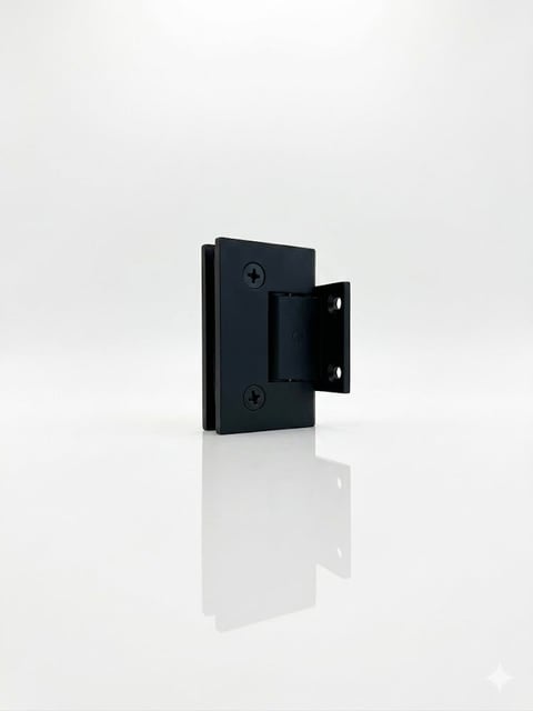 Black wall-mounted hinge bracket with pivoting arm and reflection on light background