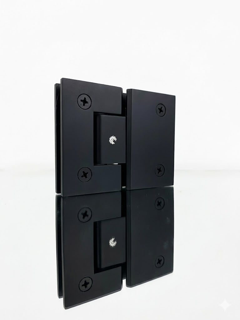 Black glass-to-glass hinges with visible screws and mounting hardware on white background