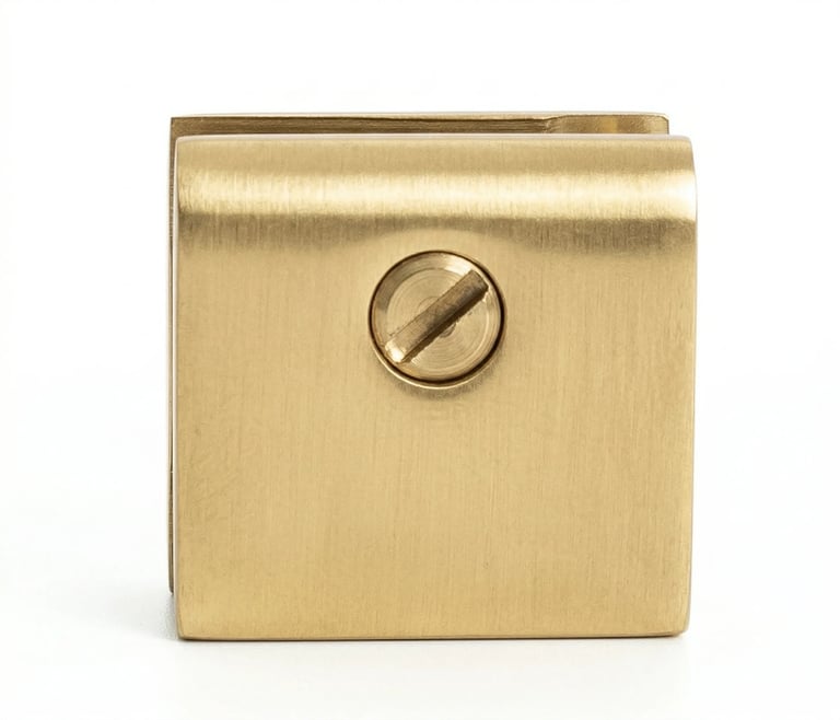 Brass square cabinet catch with screw detail, isolated on white background