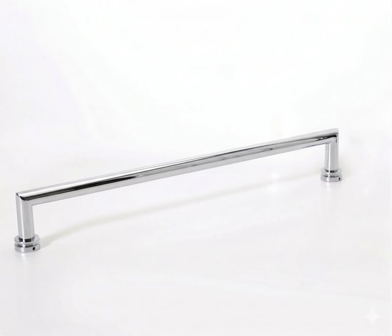 Chrome cabinet pull handle with square posts on white background
